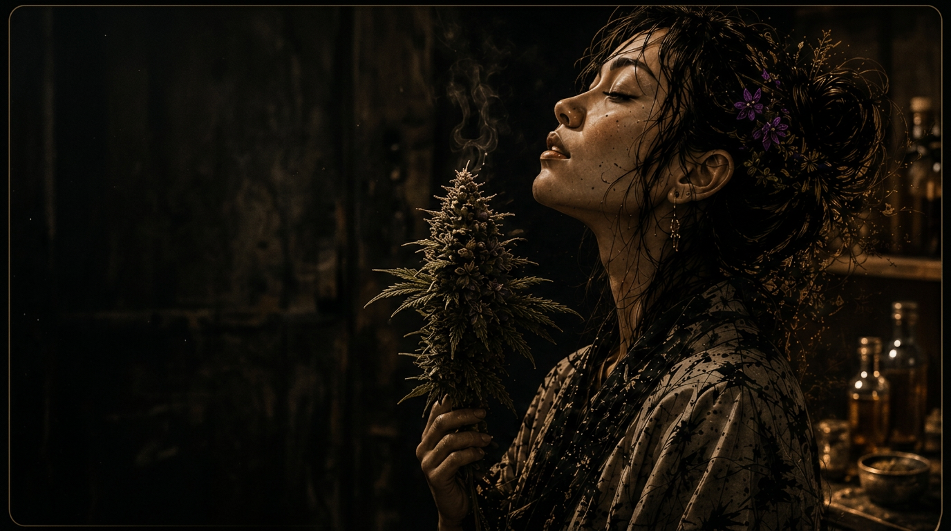 A cinematic portrait of a woman holding a cannabis flower beside editorial typography reading Smell A Feeling by HIGH SCIENCE Thailand.