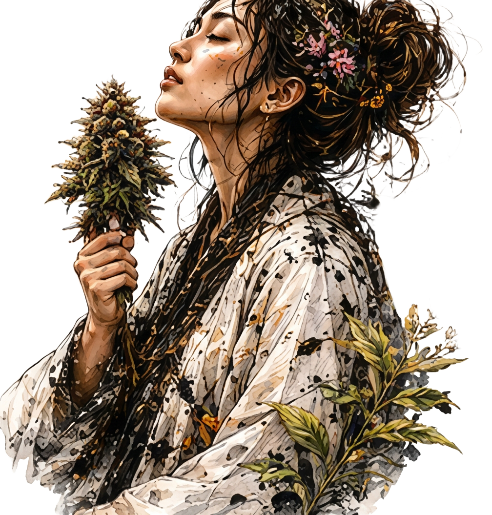 Woman in profile holding a whole cannabis flower — the observational stance of HIGH SCIENCE.